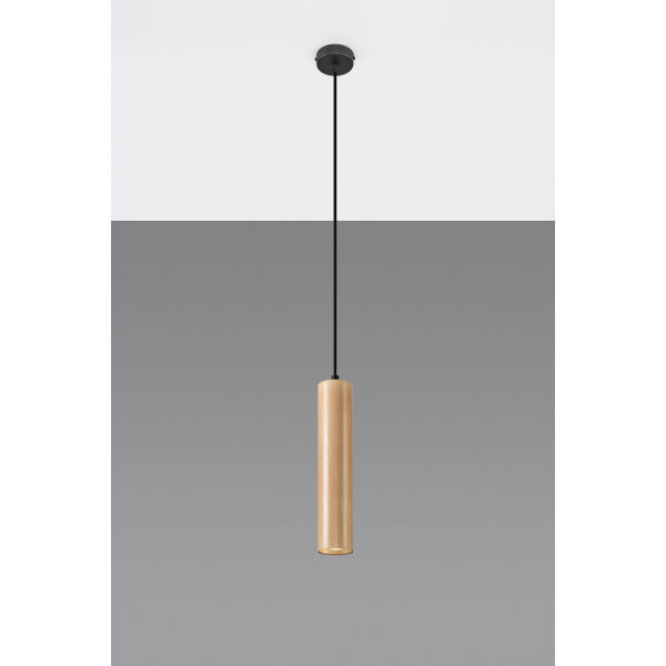 LAMPA  WISZĄCA LINO DREWNIANA TUBA NA CZARNEJ PODSUFITCE PROSTA ELEGANCKA SL.0636 SOLLUX