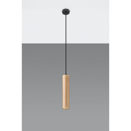 LAMPA  WISZĄCA LINO DREWNIANA TUBA NA CZARNEJ PODSUFITCE PROSTA ELEGANCKA SL.0636 SOLLUX