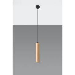 LAMPA  WISZĄCA LINO DREWNIANA TUBA NA CZARNEJ PODSUFITCE PROSTA ELEGANCKA SL.0636 SOLLUX