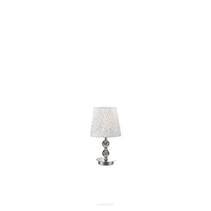 Lampa stołowa Le Roy TL1 SMALL Ideal Lux  073439  chromowaną metalową podstawę ozdobioną kryształowymi elementami klosz wykonany z  tkaniną  błyszczącymi srebrnymi ozdobami