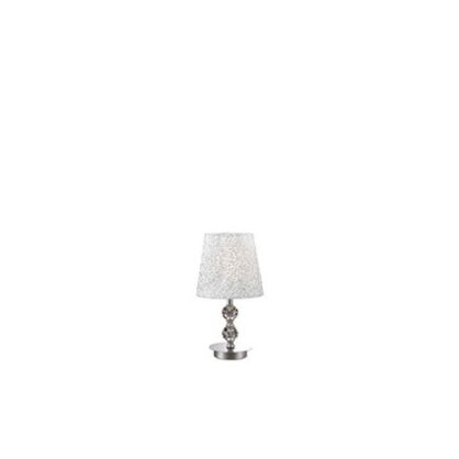 Lampa stołowa Le Roy TL1 SMALL Ideal Lux  073439  chromowaną metalową podstawę ozdobioną kryształowymi elementami klosz wykonany z  tkaniną  błyszczącymi srebrnymi ozdobami