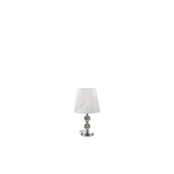 Lampa stołowa Le Roy TL1 SMALL Ideal Lux  073439  chromowaną metalową podstawę ozdobioną kryształowymi elementami klosz wykonany z  tkaniną  błyszczącymi srebrnymi ozdobami