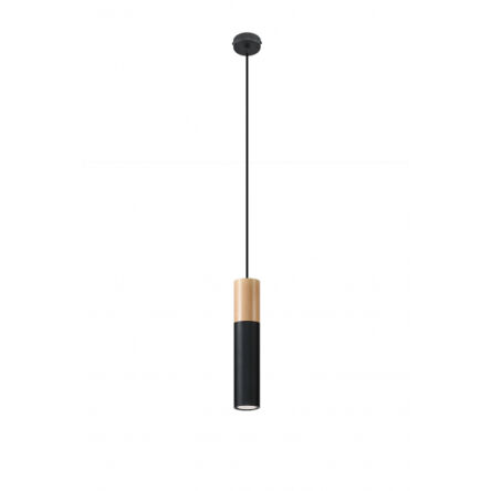 LAMPA  WISZĄCA PABLO CZARNA TUBA Z DREWNIANYM AKCENTEM PROSTA IDEALNA DO SALONU SL.0631 SOLLUX