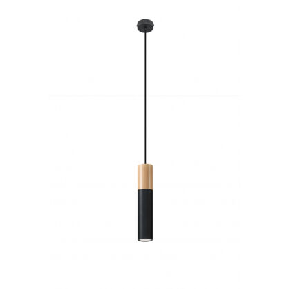LAMPA  WISZĄCA PABLO CZARNA TUBA Z DREWNIANYM AKCENTEM PROSTA IDEALNA DO SALONU SL.0631 SOLLUX