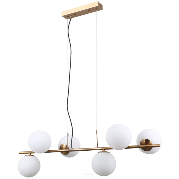 Lampa wisząca RADDI PND-5510-6-HBR Italux NIESZABLONOWY DESIGN złoty korpus BIAŁE OKRĄGŁE KLOSZE