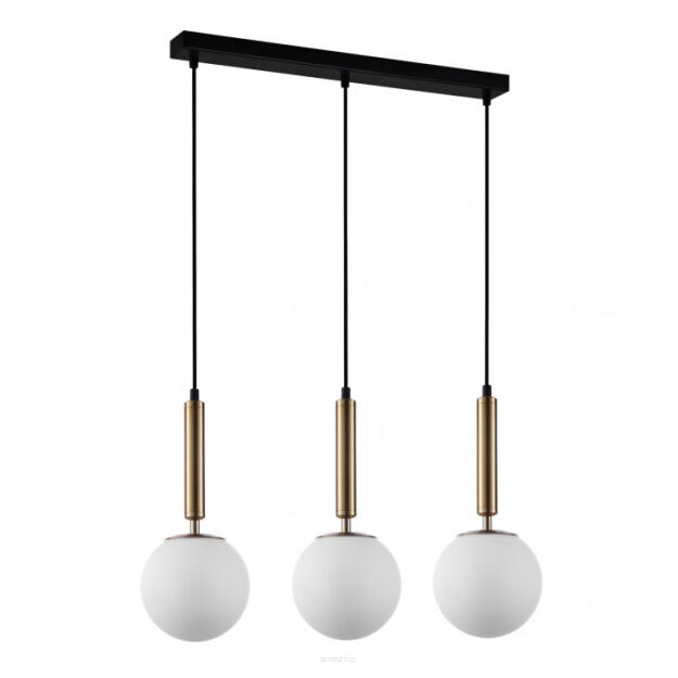 Lampa wisząca Ravena PND-2324-3L GD+OPA Italux mosiądz i  trzy białe kuliste klosze