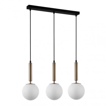 Lampa wisząca Ravena PND-2324-3L GD+OPA Italux mosiądz i  trzy białe kuliste klosze