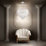 Lampa wisząca Opera SP6 Ideal Lux  068299  Klosz wykonany jest z folii PVC z metalowymi pasemkami i pokryte są białymi nićmi spod abażura wystają kryształki rama w kolorze chromu - 3