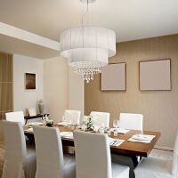 Lampa wisząca Opera SP6 Ideal Lux  068299  Klosz wykonany jest z folii PVC z metalowymi pasemkami i pokryte są białymi nićmi spod abażura wystają kryształki rama w kolorze chromu