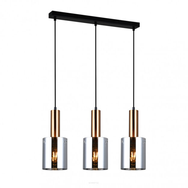 Lampa wisząca SARDO PND-5581-3-BRO+SG Italux Czarna podłużna podsufitka DYMIONE klosze w kształcie tub długość 61 cm MOSIĘŻNE akcenty