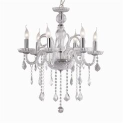 Lampa wisząca Giudecca SP6 TRASPARENTE Ideal Lux  027821 z ręcznie dmuchanego szkła w kolorze transparentnym z chromowanymi metalowymi dodatkami ozdobą są wisiorki z kryształków