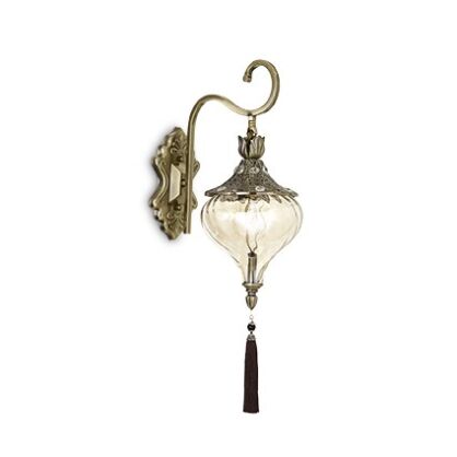 Kinkiet HAREM AP1 BRUNATNY Ideal Lux  115962 korpus z antycznego mosiądzu i metalu wytłoczone ornamenty szklany klosz z frędzlami 