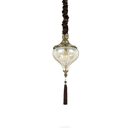 Lampa wisząca HAREM SP1 BRUNATNY Ideal Lux 115979  korpus z antycznego mosiądzu i metalu wytłoczone ornamenty szklany klosz z frędzlami osłona łańcucha