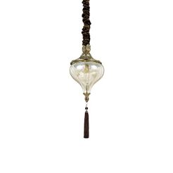 Lampa wisząca HAREM SP1 BRUNATNY Ideal Lux 115979  korpus z antycznego mosiądzu i metalu wytłoczone ornamenty szklany klosz z frędzlami osłona łańcucha