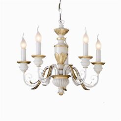 Lampa wisząca Firenze SP5 Ideal Lux  012865  korpus wykonany z żywicy oraz ma ręcznie modelowane metalowe ramiona kolor biało złoty styl pałacowy