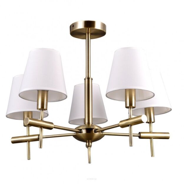 Lampa sufitowa Balter  ITALUX MD38482-5 lampa o surowym klasycznym wykończeniu posiada 5 kloszy z białej tkaniny metalowe elementy mają złoty kolor