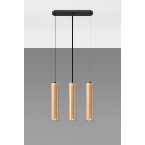 LAMPA  WISZĄCA LINO 3  DREWNIANE TUBY NA CZARNEJ  PODŁUŻNEJ PODSUFITCE PROSTA ELEGANCKA SL.0638 SOLLUX