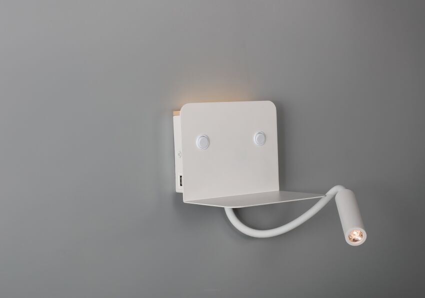 Lampka ścienna VERA AZ4417 USB 3000K biała do czytania, wąska tuba umieszczona na ruchomej 