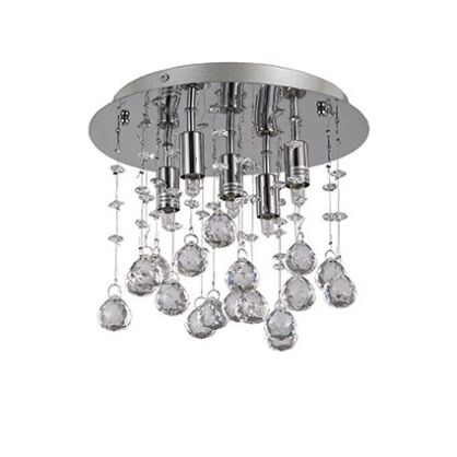 Plafon MOONLIGHT PL5 Ideal Lux  094649   podstawa w kształcie okręgu jest  z metalu w kolorze chromu zwisające kawałki są z kryształu