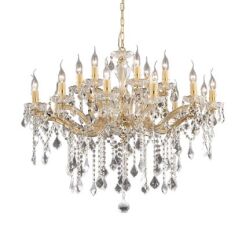 Lampa wisząca Florian SP18 ORO Ideal Lux  075181 metalowa oprawa w kolorze złotym podstawki z przezroczystego szkła ozdobiony jest zawieszkami z kryształków