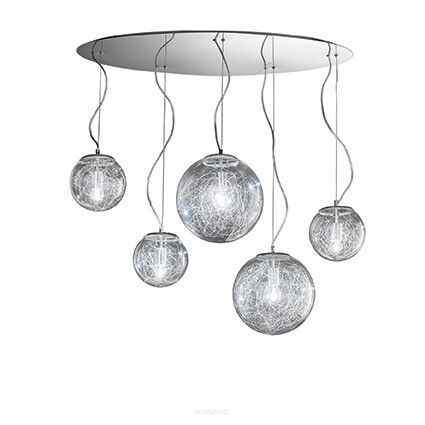 Lampa wisząca Mapa Max SP5 Ideal Lux  091112 Klosze w kształcie kul wykonane są z przezroczystego szkła z dekoracją z aluminiowych drucików w środku