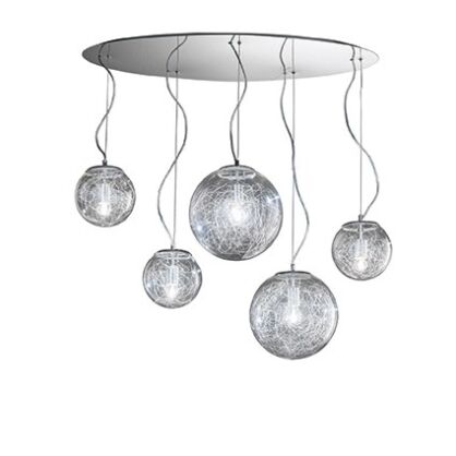 Lampa wisząca Mapa Max SP5 Ideal Lux  091112 Klosze w kształcie kul wykonane są z przezroczystego szkła z dekoracją z aluminiowych drucików w środku