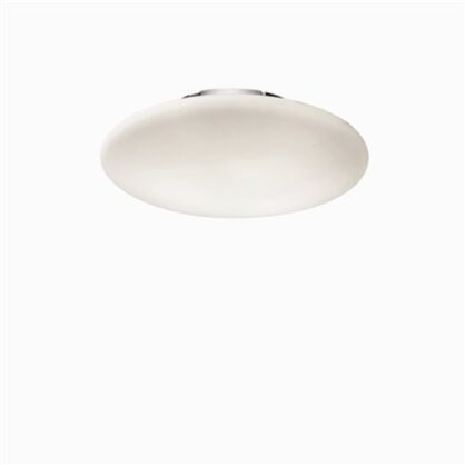 Plafon Smarties PL3 D50 Ideal Lux  032030  Klosz wykonany jest z matowego dmuchanego szkła metalowa rama w kolorze chromu okrągła spłaszczona 