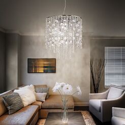 Lampa wisząca Evasione SP10 Ideal Lux  044767 oprawa z chromowanego metalu klosz tworzą ozdobne zwisające kryształki
