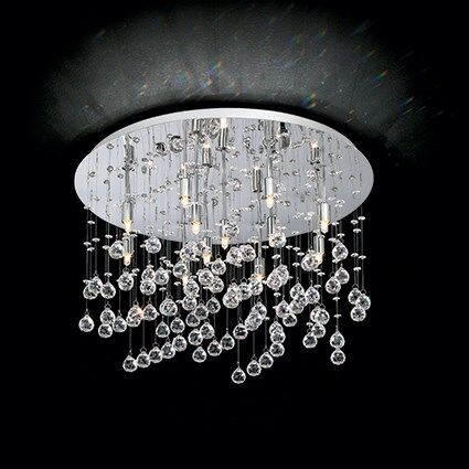 Plafon Moonlight PL12 Ideal Lux 077802   podstawa w kształcie okręgu jest  z metalu w kolorze chromu zwisające kawałki są z kryształu