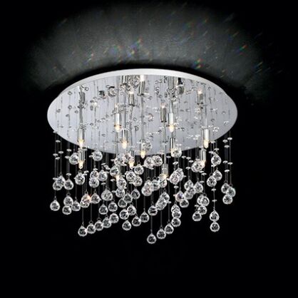 Plafon Moonlight PL12 Ideal Lux 077802   podstawa w kształcie okręgu jest  z metalu w kolorze chromu zwisające kawałki są z kryształu