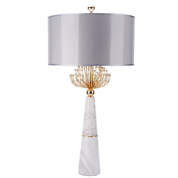  Lampa stołowa Cartagena - T02004AU Cosmo Light  Srebrny klosz podstawa z białego marmuru metalowe elementy w kolorze złota  