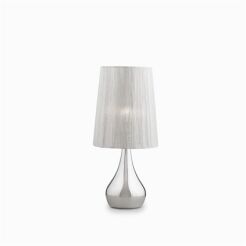 Lampa stołowa Eternity TL1 SMALL Ideal Lux  035987 ma podstawę  z metalu w chromie klosz z plisowanej organzy z metalicznymi refleksami