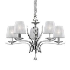 Lampa wisząca Pegaso SP5 Ideal Lux  066448  metalowa oprawa wykończona w chromie klosze  z  białej organzy