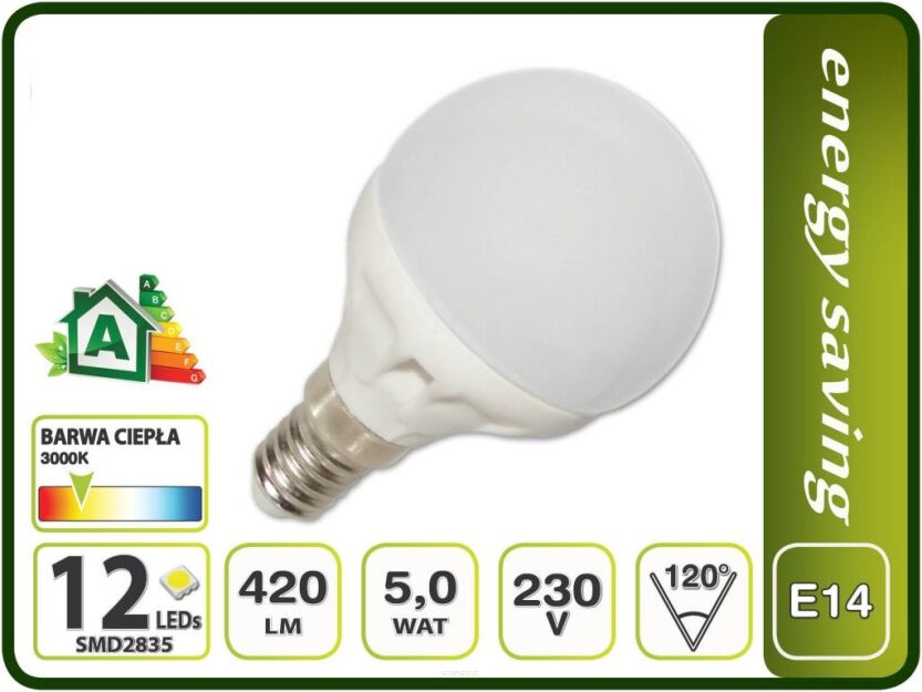 ŻARÓWKA E14 5W G45 12 LED 420lm CIEPŁA MAŁA KULKA