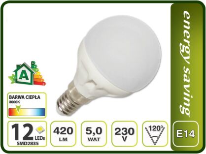 ŻARÓWKA E14 5W G45 12 LED 420lm CIEPŁA MAŁA KULKA
