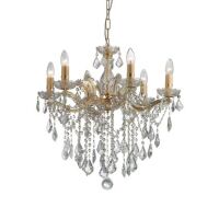 Lampa wisząca Florian SP6 ORO Ideal Lux 035635 metalowa oprawa w kolorze złotym podstawki z przezroczystego szkła ozdobiony jest zawieszkami z kryształków