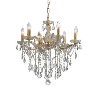 Lampa wisząca Florian SP6 ORO Ideal Lux 035635 metalowa oprawa w kolorze złotym podstawki z przezroczystego szkła ozdobiony jest zawieszkami z kryształków