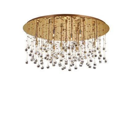 Plafon MOONLIGHT PL15 Ideal Lux  082790   podstawa w kształcie okręgu jest  z metalu w kolorze złotym mosiężnym zwisające kawałki są z kryształu