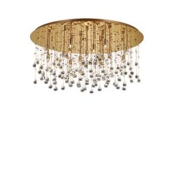 Plafon MOONLIGHT PL15 Ideal Lux  082790   podstawa w kształcie okręgu jest  z metalu w kolorze złotym mosiężnym zwisające kawałki są z kryształu