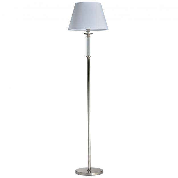 LAMPA PODŁOGOWA SIENA GUSTOWNA LAMPA W KOLORZE CHROMU Z KRYSZTAŁOWYMI  ZDOBIENIAMI I KLASYCZNYM BIAŁYM KLOSZEM Z TKANINY COSMO LIGHT F01322WH NI