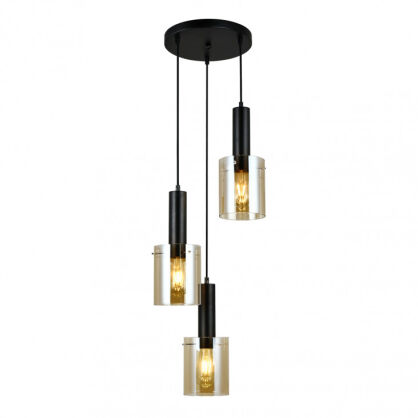 Lampa wisząca SARDO PND-5581-3A-BK+AMB Italux Czarna okrągła podsufitka BURSZTYMOWE klosze w kształcie tub GUSTOWNA