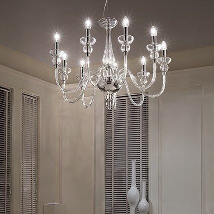 Lampa wisząca DOGE SP9 TRANSPARENTNY Ideal Lux 044453  z przezroczystego ręcznie dmuchanego szkła elementy wykończeniowe z metalu w kolorze chromu