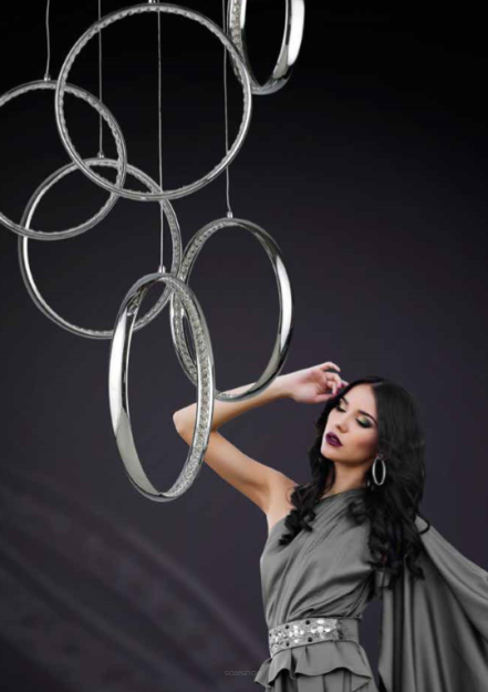 Lampa wisząca OLIMP MP65013-6 nowoczesna designerska kształtem przypomina obrączki zawieszone na linkach z kryształkami w środku  