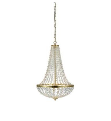 Lampa wisząca GRÄNSÖ granso 106119 Markslojd Styl pałacowy glamour przezroczyste kryształki metalowe elementy w kolorze złotym szczotkowanym dwa źródła światła E14 40 cm szerokości