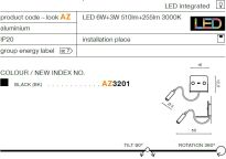 Lampka ścienna VERA AZ3201 USB 3000K/4000K czarna do czytania, wąska tuba umieszczona na ruchomej 