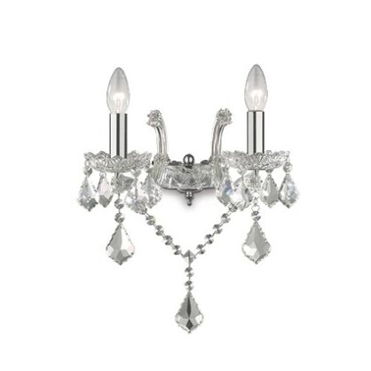 Kinkiet Florian AP2 CROMO Ideal Lux  035642 metalowa oprawa w kolorze chromu podstawki z przezroczystego szkła ozdobiony jest zawieszkami z kryształków
