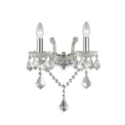 Kinkiet Florian AP2 CROMO Ideal Lux  035642 metalowa oprawa w kolorze chromu podstawki z przezroczystego szkła ozdobiony jest zawieszkami z kryształków