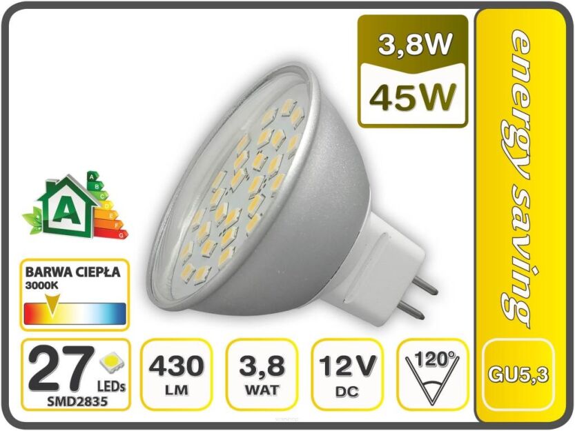 ŻARÓWKA GU5,3 12V 3,8W 27 LED SMD2835 430lm CIEPŁA