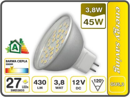 ŻARÓWKA GU5,3 12V 3,8W 27 LED SMD2835 430lm CIEPŁA