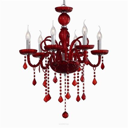 Lampa wisząca Giudecca SP6 ROSSO Ideal Lux  027418 z ręcznie dmuchanego szkła w kolorze czerownym z chromowanymi metalowymi dodatkami ozdobą są wisiorki z kryształków
